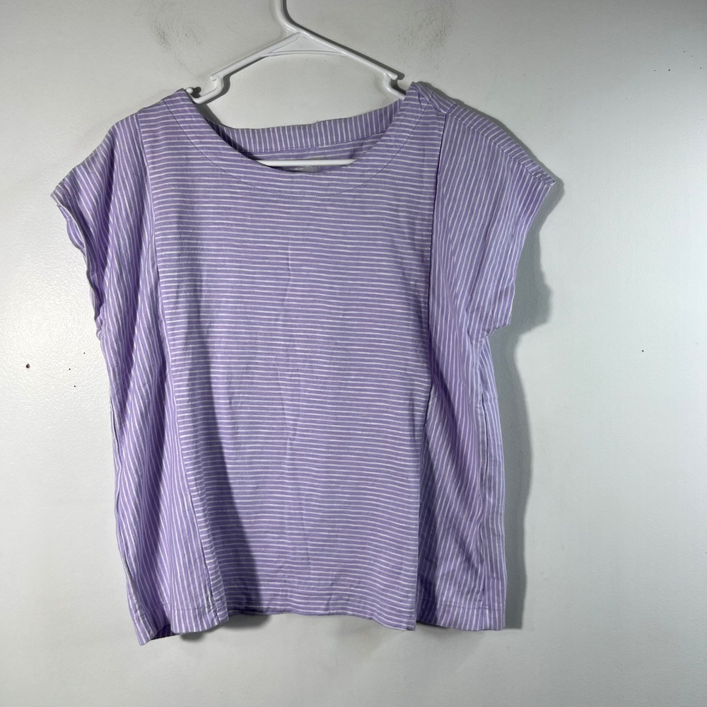 Womens Lands End Striped Cap Sleeve Tee shirt Purple White S Cotton